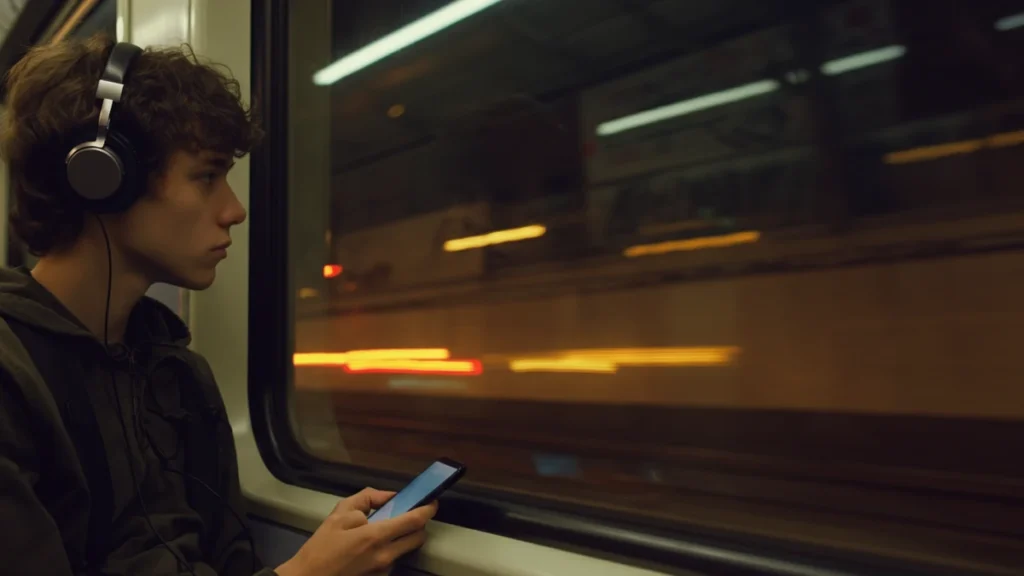 A young person with headphones looks out a subway window at night, with blurred city lights reflected in the glass.