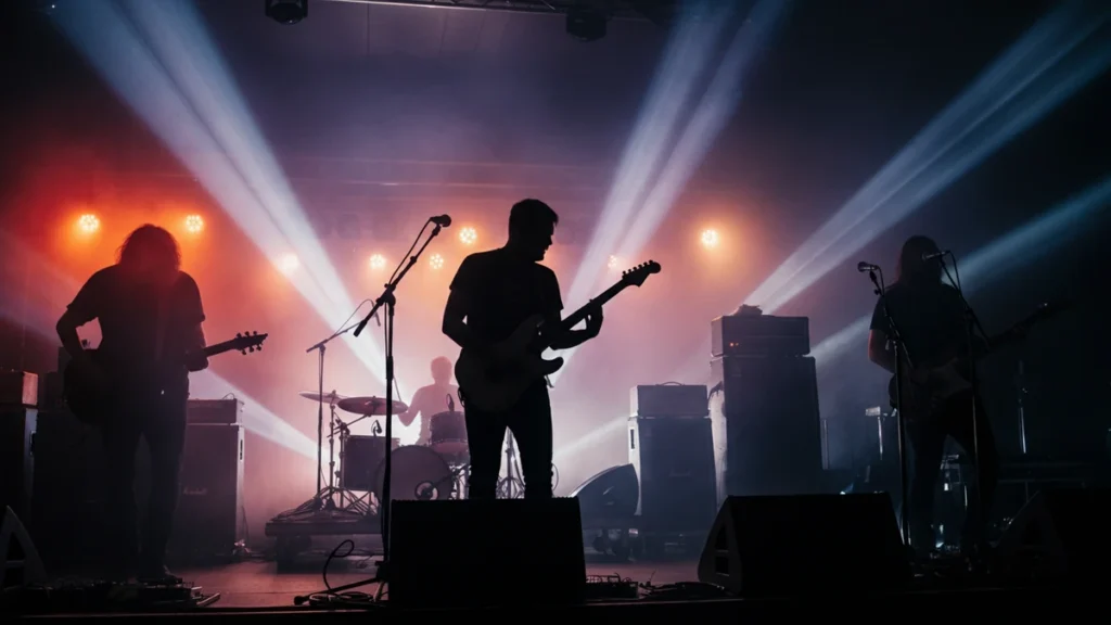 Silhouettes of a rock band performing on a smoky, light-filled concert stage