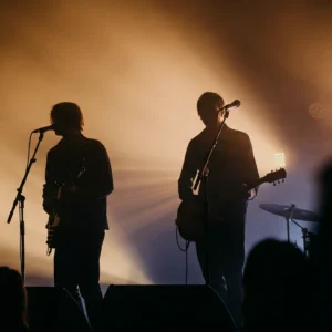 Silhouettes of a singer and guitarist performing on a smoky, backlit indie rock concert stage.