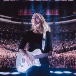 Phoebe Bridgers with a silver guitar in front of a full arena on The Lost Tour